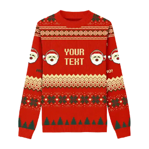 Red Christmas sweater with white snowflakes and Santa Claus head icons, customizable