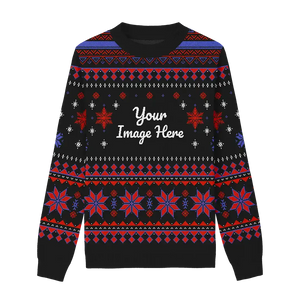 Black sweater with neon-style snowflakes in red, blue, and white.