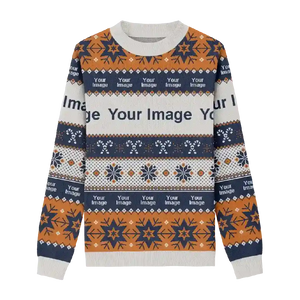 White sweater with navy and gold snowflake motifs for an elegant festive style.