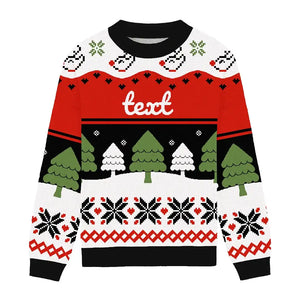 Christmas sweater with red, white, green, and black patterns of trees, snowflakes, and reindeer, customizable