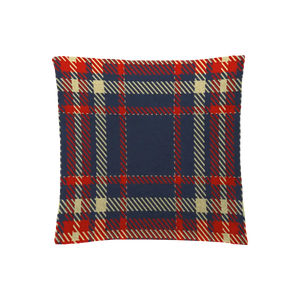 Navy plaid pillow case with red and yellow accents, warm and classic