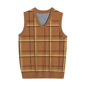 Orange-brown plaid knit vest with yellow and gold autumn accents