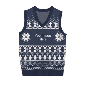 Navy Christmas vest with white snowflakes, ribbons, and tree motifs
