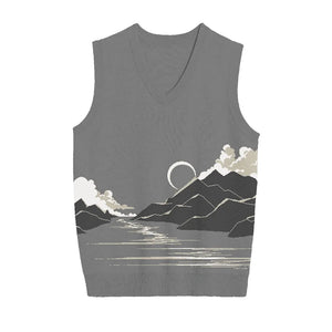 Monochrome coastal mountain knit vest for nature-inspired style
