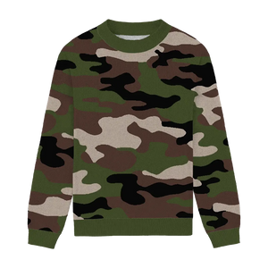 Green, cream, black, and brown camouflage relaxed-fit sweater