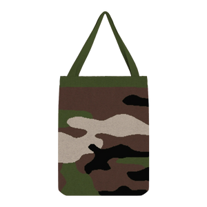 Green, cream, black, and brown camouflage tote bag, bold and durable