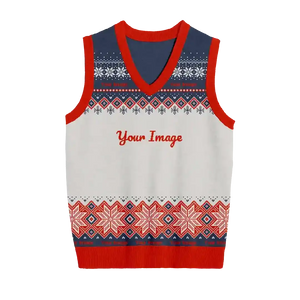White Christmas sweater vest with red and navy snowflake patterns