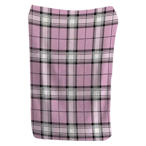 Pink plaid blanket with black and white accents