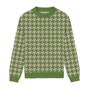 Green and cream houndstooth relaxed-fit sweater, fresh and stylish