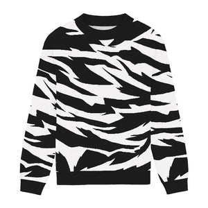 Black and white tiger stripe relaxed-fit sweater, bold and edgy