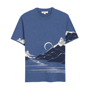 Blue t-shirt with sunrise over ocean design, calm and scenic