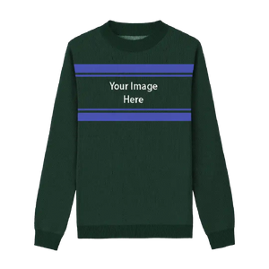 Black sweater with bright blue chest stripes for a clean, modern style.