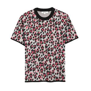 Cream t-shirt with black and orange leopard print, bold and stylish