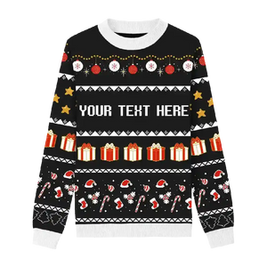Midnight Gift Box Christmas Sweater. Make a bold holiday statement with this black Christmas sweater.