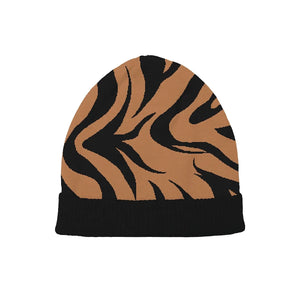 Black beanie with orange-brown tiger stripes, bold and wild