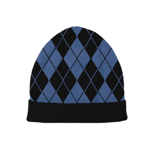 Black and blue argyle beanie, stylish and youthful