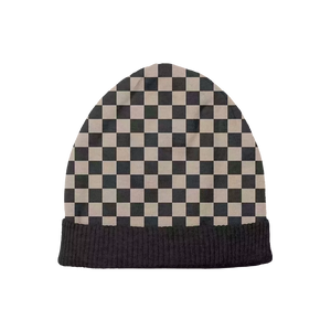 Black and cream checkerboard beanie, bold and trendy streetwear style