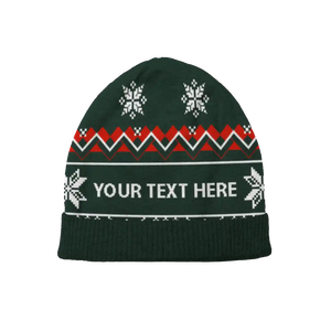 Dark green Christmas beanie with white snowflakes and red accents, customizable