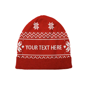 Red Christmas beanie with white snowflakes, festive and customizable