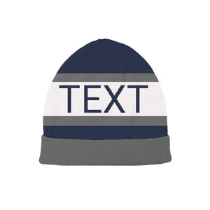 Navy beanie with white and gray lines, classic and clean, customizable