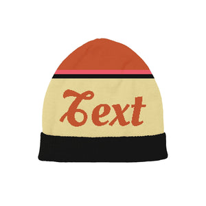 Yellow and orange beanie with black and pink stripes, playful and customizable