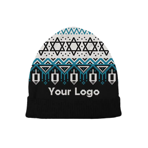 Black beanie with white and light blue Hanukkah pattern, modern and customizable