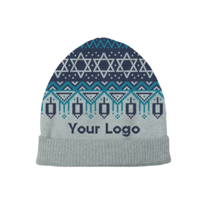 Gray beanie with navy and blue Hanukkah pattern, festive and customizable