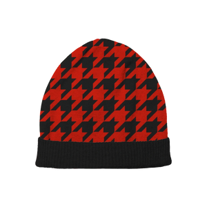Black beanie with red houndstooth pattern, bold and customizable