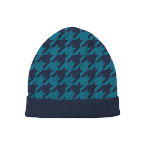 Navy beanie with bright blue houndstooth pattern, modern and refreshing