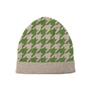 Cream beanie with green houndstooth pattern, cozy and stylish