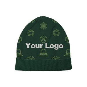 Dark green beanie with clovers and hats, playful and customizable