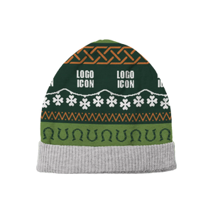 Green beanie with clover leaf pattern, festive and customizable