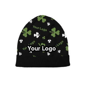 Black beanie with green clover pattern, festive and customizable