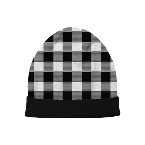 Black and white plaid beanie, sleek and versatile