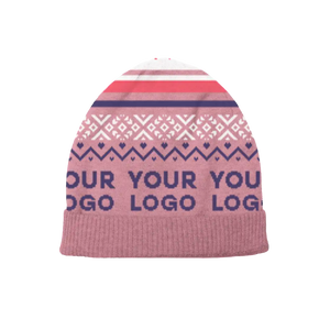 Pink beanie with navy and white stripes, feminine and customizable