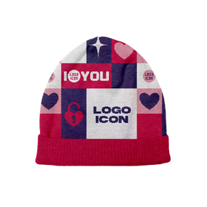 Pink, navy, and white beanie with hearts and squares, romantic and customizable