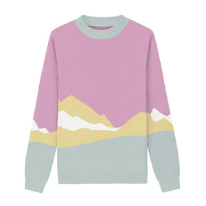 Pastel pink, yellow, and blue scenic landscape sweater, cheerful and artistic