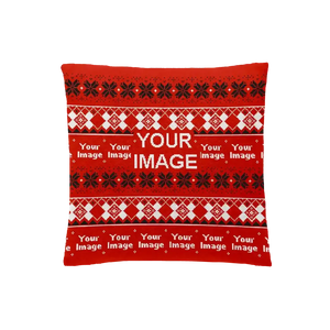 Red Christmas pillow with white snowflakes and ribbons, customizable for holidays