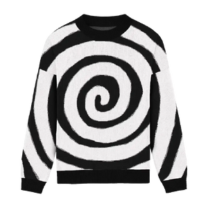 Black and white swirl pattern relaxed-fit sweater, bold and unique