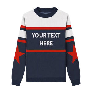 Red, white, and navy sweater with star icons on sleeves, ideal for patriotic style.