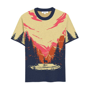 Scenic t-shirt with mountain, lake, and deer at sunset
