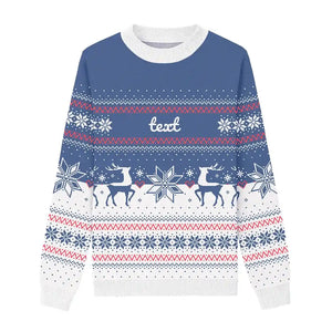 White and light blue sweater with red accents, decorated with reindeer and snowflake motifs.