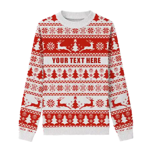 White Christmas sweater with red holiday patterns featuring snowflakes, reindeer, and Christmas trees, customizable
