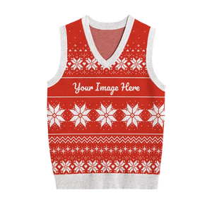 Red Christmas vest with white festive icons, customizable gift option
