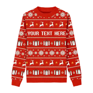 Red Christmas sweater with white reindeer, gift boxes, and snowflakes, customizable