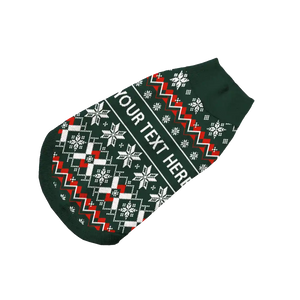 Dark green pet sweater with white snowflakes and red ribbons, festive and customizable
