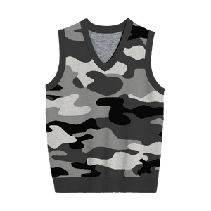 Monochrome camo knit vest in black, grey, and white for urban streetwear