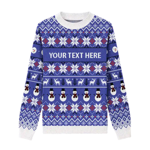 Bright blue Christmas sweater with snowflakes, snowmen, reindeer, and holiday patterns, customizable