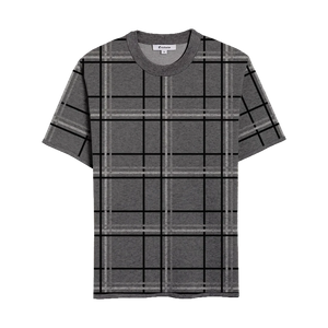 Grey t-shirt with white and black plaid pattern, versatile and timeless