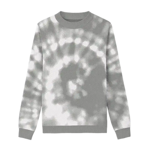 Grey and white tie dye sweater with a clean, minimalist look.